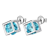 3D Cube Birthstone March Aquamarine Earrings Sterling Silver - Earrings - Aurora Tears